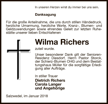 Traueranzeige von Wilma Richers von Uelzen