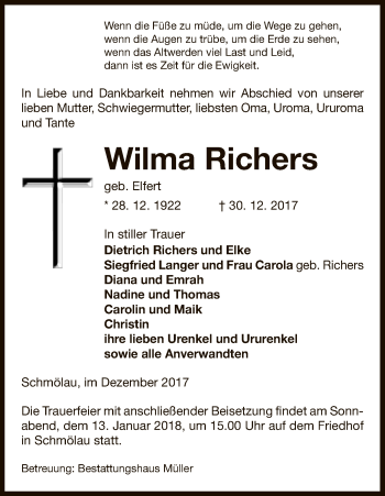 Traueranzeige von Wilma Richers von Uelzen