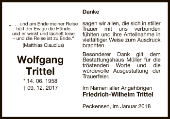 Traueranzeige von Wolfgang Trittel von Uelzen