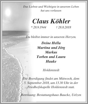 Traueranzeige von Claus Köhler 