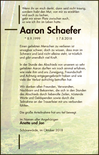 Traueranzeige von Aaron Schaefer von Uelzen