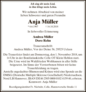 Traueranzeige von Anja Müller von Uelzen