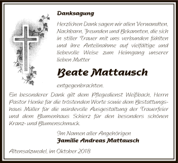 Traueranzeige von Beate Mattausch von Uelzen