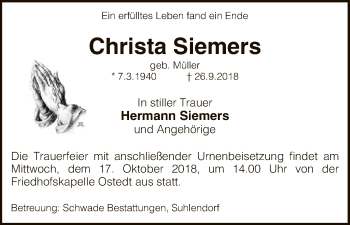 Traueranzeige von Christa Siemers von Uelzen