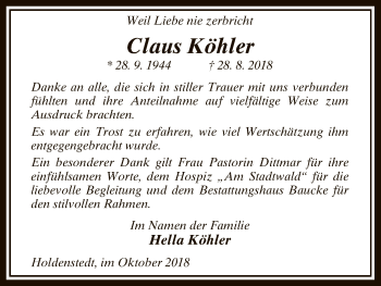 Traueranzeige von Claus Köhler von Uelzen