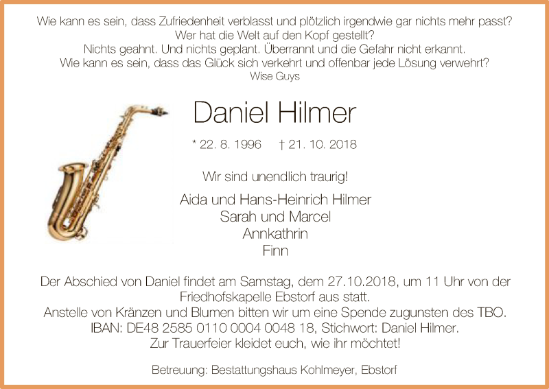  Traueranzeige für Daniel Hilmer vom 25.10.2018 aus Uelzen