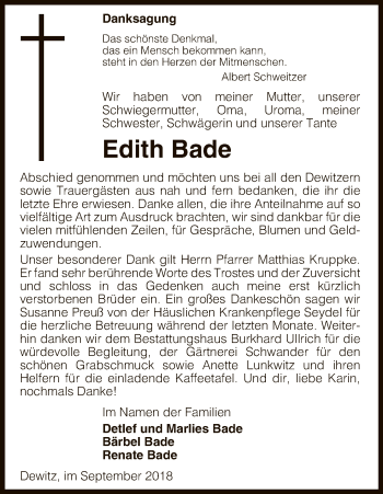 Traueranzeige von Edith Bade von Uelzen