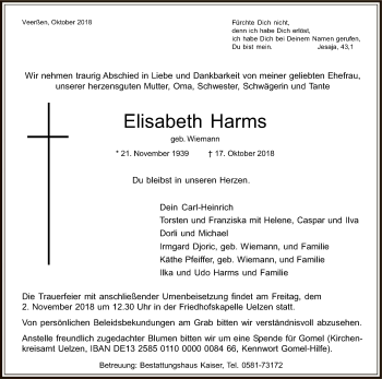 Traueranzeige von Elisabeth Harms von Uelzen