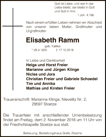 Traueranzeige von Elisabeth Ramm von Uelzen