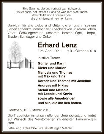 Traueranzeige von Erhard Lenz von Uelzen