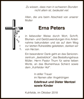 Traueranzeige von Erna Peters von Uelzen