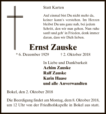 Traueranzeige von Ernst Zauske von Uelzen