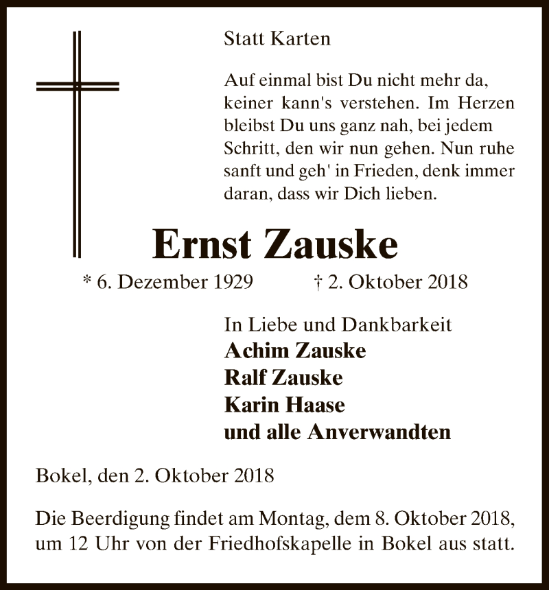  Traueranzeige für Ernst Zauske vom 05.10.2018 aus Uelzen