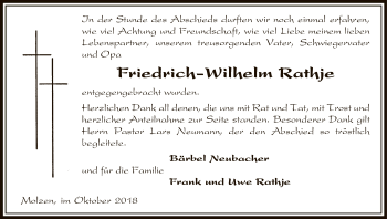 Traueranzeige von Friedrich-Wilhelm Rathje von Uelzen