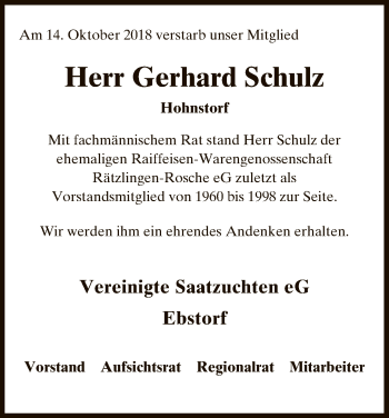 Traueranzeige von Gerhard Schulz von Uelzen