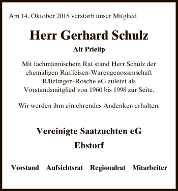 Traueranzeige von Gerhard Schulz von Uelzen