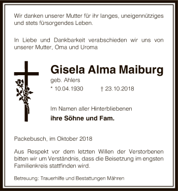 Traueranzeige von Gisela Alma Maiburg von Uelzen