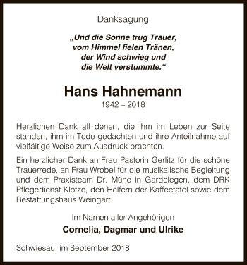 Traueranzeige von Hans Hahnemann von Uelzen