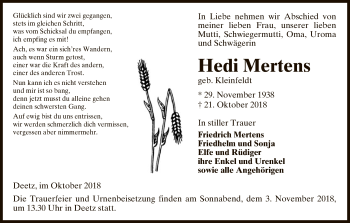 Traueranzeige von Hedi Mertens von Uelzen
