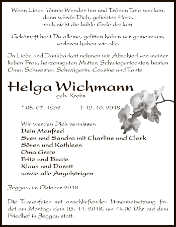 Traueranzeige von Helga Wichmann von Uelzen