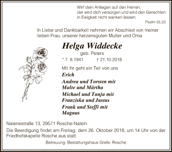 Traueranzeige von Helga Widdecke von Uelzen