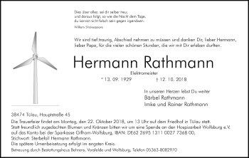 Traueranzeige von Hermann Rathmann von Uelzen