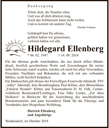 Traueranzeige von Hildegard Ellenberg von Uelzen