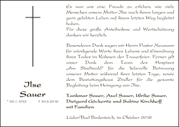 Traueranzeige von Ilse Sauer von Uelzen