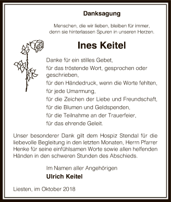 Traueranzeige von Ines Keitel von Uelzen