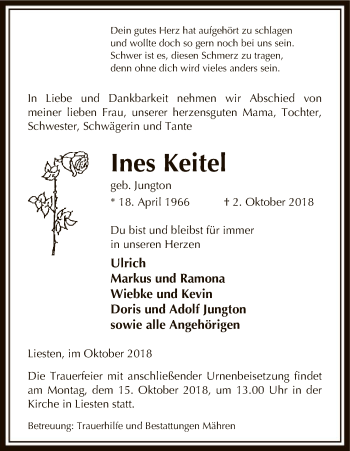 Traueranzeige von Ines Keitel von Uelzen