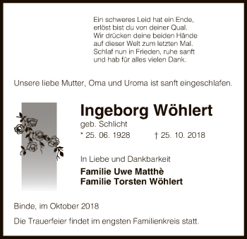 Traueranzeige von Ingeborg Wöhlert von Uelzen