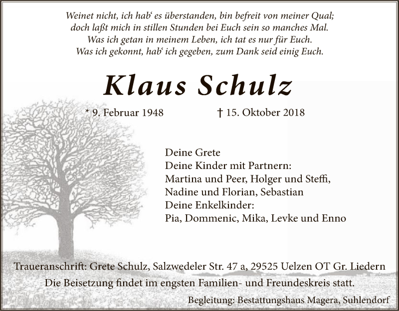  Traueranzeige für Klaus Schulz vom 20.10.2018 aus Uelzen
