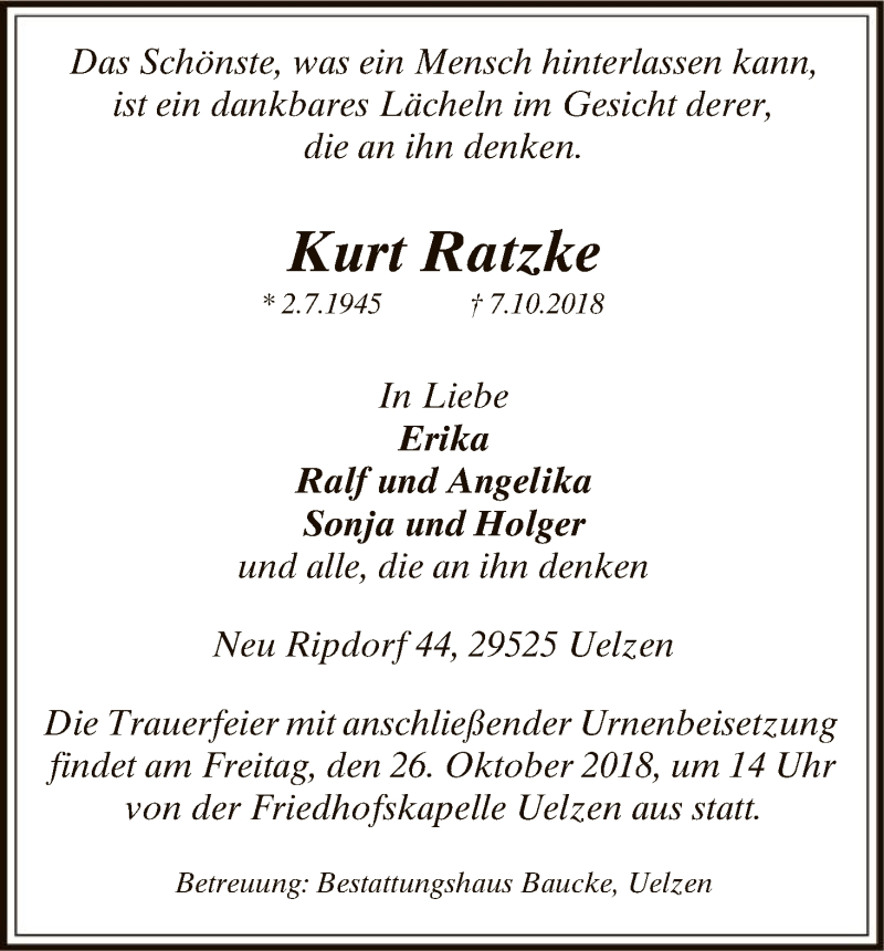  Traueranzeige für Kurt Ratzke vom 20.10.2018 aus Uelzen