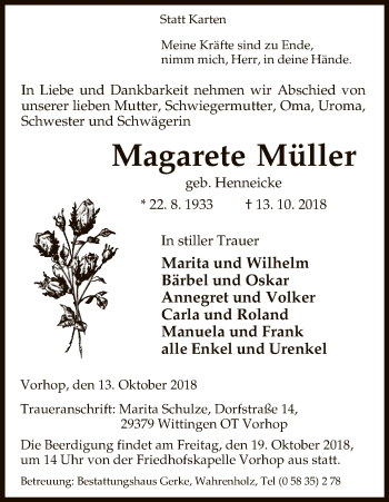 Traueranzeige von Magarete Müller von Uelzen