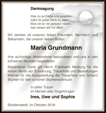 Traueranzeige von Maria Grundmann von Uelzen