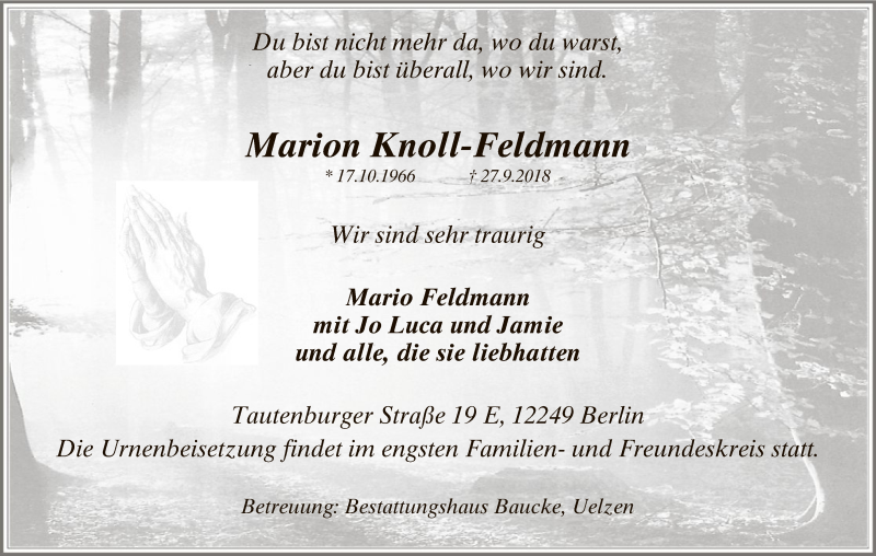  Traueranzeige für Marion Knoll-Feldmann vom 23.10.2018 aus Uelzen