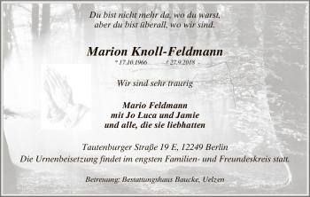 Traueranzeige von Marion Knoll-Feldmann von Uelzen