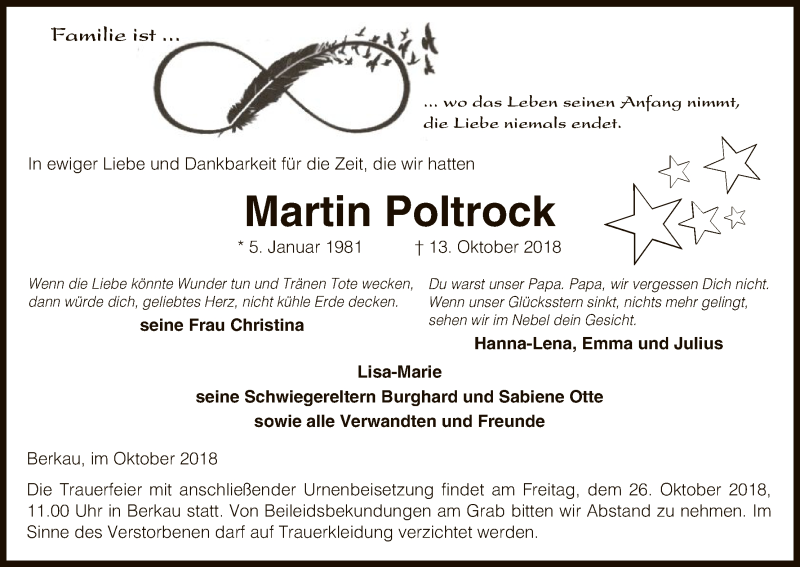  Traueranzeige für Martin Poltrock vom 20.10.2018 aus Uelzen