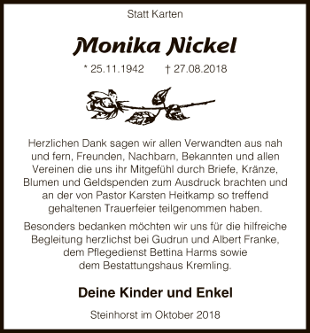 Traueranzeige von Monika Nickel von Uelzen