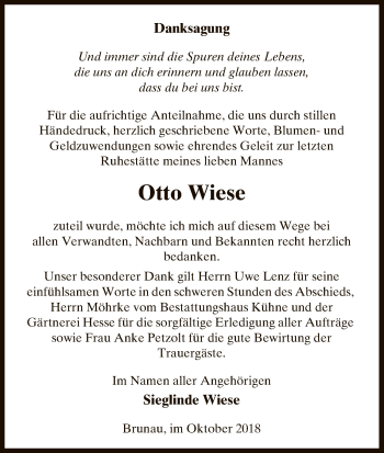 Traueranzeige von Otto Wiese von Uelzen