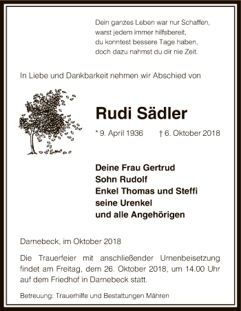 Traueranzeige von Rudi Sädler von Uelzen