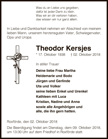 Traueranzeige von Theodor Kersjes von Uelzen