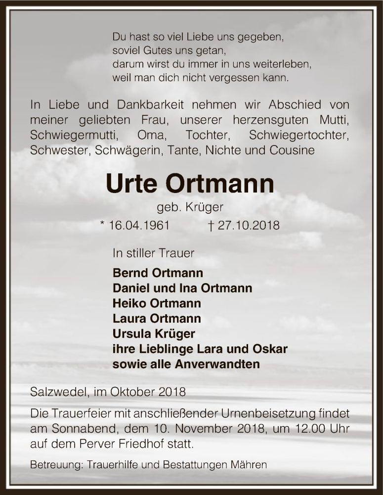  Traueranzeige für Urte Ortmann vom 30.10.2018 aus Uelzen