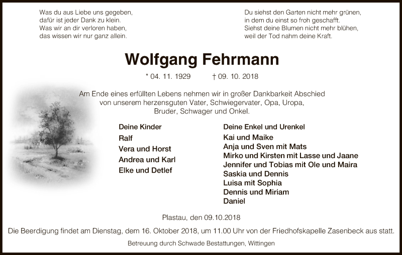  Traueranzeige für Wolfgang Fehrmann vom 13.10.2018 aus Uelzen