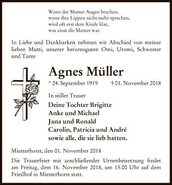 Traueranzeige von Agnes Müller von Uelzen