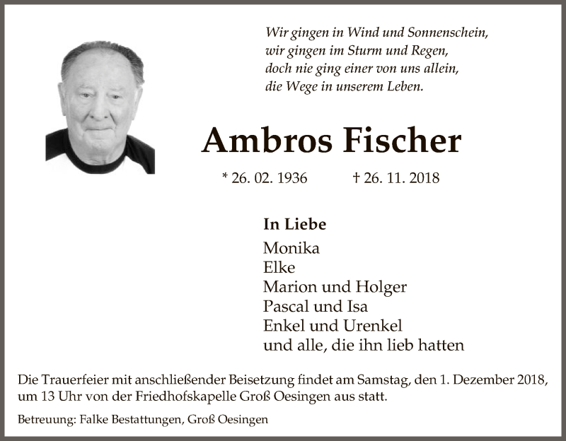  Traueranzeige für Ambros Fischer vom 29.11.2018 aus Uelzen