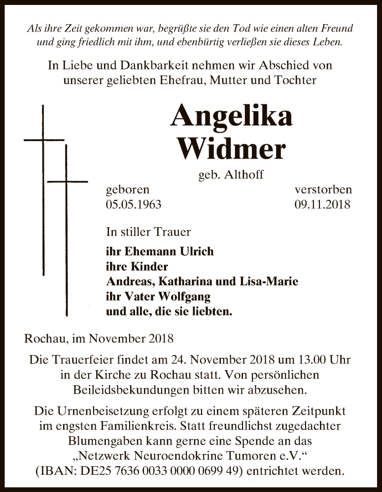  Traueranzeige für Angelika Widmer vom 15.11.2018 aus Uelzen
