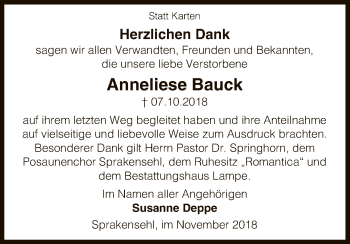 Traueranzeige von Anneliese Bauck von Uelzen