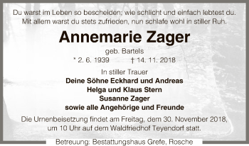 Traueranzeige von Annemarie Zager von Uelzen