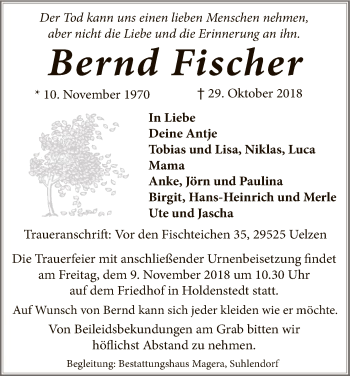 Traueranzeige von Bernd Fischer von Uelzen